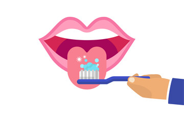 Cleaning the tongue by toothbrush oral hygiene vector illustration
