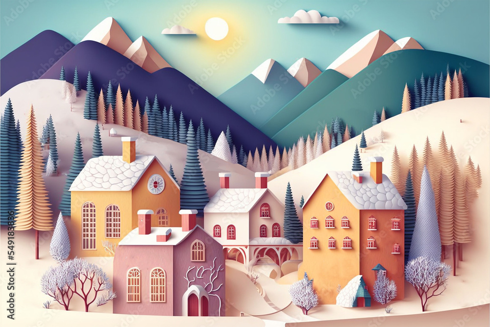 Wall mural Illustration in paper cut craft style of  beautiful cozy house in winter frost village in valley, countryside at dusk or dawn , Generative Ai