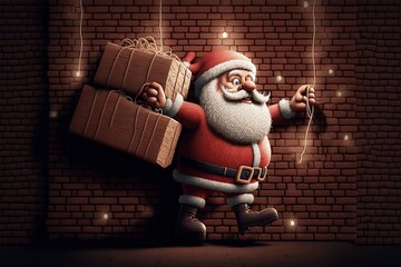 cute Santa deliver package by rappel  from above with Christmas light glow , Generative Ai - obrazy, fototapety, plakaty