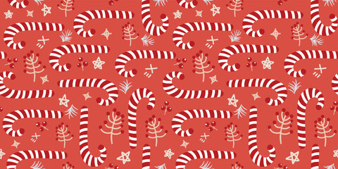 Seamless Christmas pattern with lollipops candy cane, berries, snowflakes in doodle style. Creative print with Christmas sweets on a trendy bright red background, top view. Vector winter holidays - 549184403