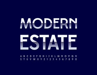 Vector silver sign Modern Estate. Elegant Metallic Font. Artistic Alphabet Letters and Numbers set