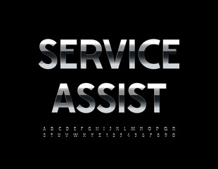 Vector metallic sign Service Assist. Stylish Silver Font. Artistic Alphabet Letters and Numbers set