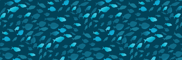 Seamless pattern with a shoal of fish on a dark blue background. Creative marine print with silhouettes of ocean fish (a floating flock of fish) . Underwater marine world backdrop. Vector illustration - 549184674
