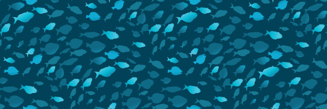 Seamless pattern with a shoal of fish on a dark blue background. Creative marine print with silhouettes of ocean fish (a floating flock of fish) . Underwater marine world backdrop. Vector illustration