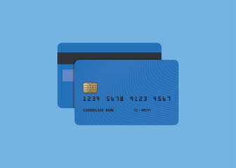 Vector illustration of detailed glossy blue credit card isolated on bluish background