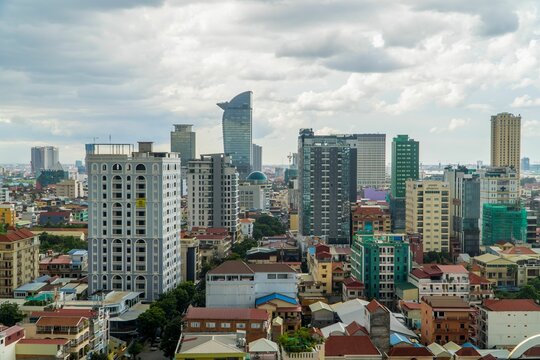 Aerial view of the skyline of downtown Phnom Penh in Phnom Penh, Cambodia