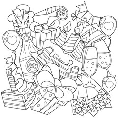 Birthday Doodle coloring page. Funny party elements in cartoon style. Vector illustration