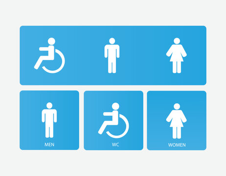 WC symbols. Set with toilet sign. Blue and white pictograms. Vector set.
