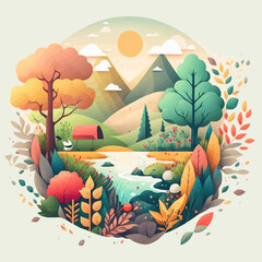 Nature Mountain Forest Jungle Landscape Background in Vector Flat Color