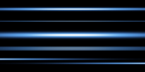 Set of blue horizontal highlights, lines. Laser beams, horizontal beams of light. Beautiful light flashes. Glowing stripes on a transparent background.