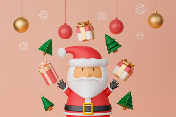 3d rendering Santa Claus with gift boxes, Christmas trees and decorations on light pink background.