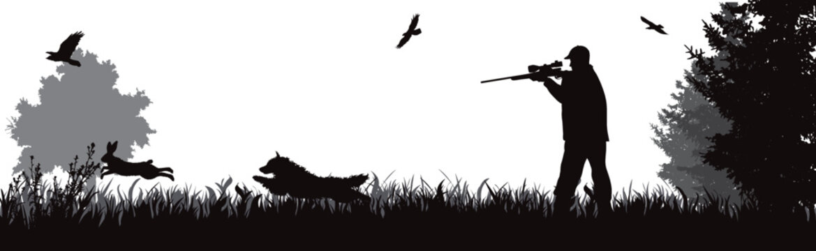 Vector silhouette of hunter with dog.