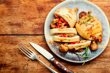 Grilled squid with vegetables, stuffed calamari.