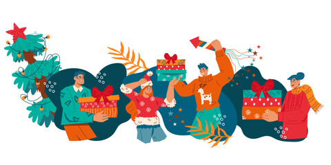 Christmas party or New Year bash, holiday celebration with people sharing gifts and dancing, flat vector illustration on background. Christmas and New Year invitation banner or card backdrop.