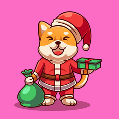 Cute Shiba Inu Santa Clause Cartoon Illustration. Shiba Inu Christmas Concept. Flat Cartoon Style