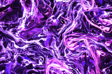 Purple and black paint pigment mix. Ornament mosaic swirl shapes background. Neon glow fluid. Uv...