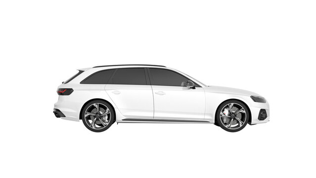 side view of white car isolated on white, AUDI RS4 AVANT png transparent background 3d rendering	
