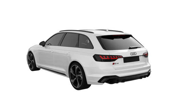 back view of white car isolated on white, AUDI RS4 AVANT png transparent background 3d rendering	
