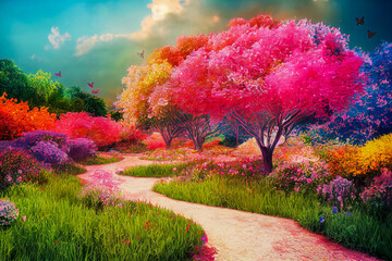 magical garden landscape with flowers and colorful trees generative ai illustration