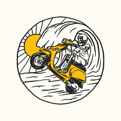 Vintage Scooter Motorcycle Adventure, Motocross Club. Hand drawn Vector illustration