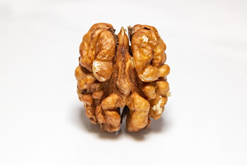 Walnut, European walnut (Juglans regia L.) open, isolated on white background, full depth focus.