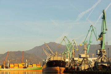 cargo containers and cranes for loading onto ships in the seaport, logistics and delivery