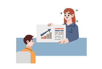 Business training and coach concept. Young smiling businesswoman coach trainer showing presentation teaching young man worker vector illustration 