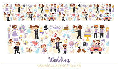 Fototapeta premium Vector wedding seamless pattern border brush with just married couple. Marriage ceremony horizontal repeating background. Cute matrimonial illustration with bride, groom, bridesmaids, cake.