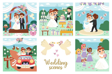 Vector wedding scenes set. Cute just married couple. Marriage ceremony landscapes with bride and groom. Husband, wife cutting cake, dancing first dance, going to honeymoon, throwing bouquet.