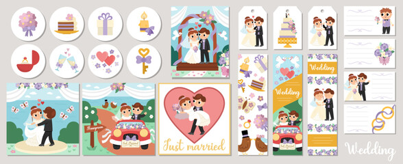 Fototapeta na wymiar Cute wedding cards set with just married couple, bride, groom, bridesmaids, cake. Vector marriage ceremony square, round, vertical print templates. Matrimonial design for tags, postcards, ads.