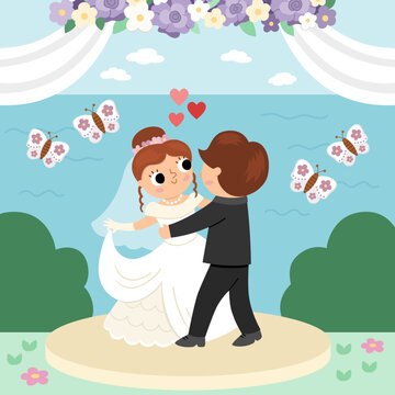 Vector wedding scene with cute just married couple. Marriage ceremony landscape with bride and groom. Husband and wife dancing their first dance with flowers and butterflies.