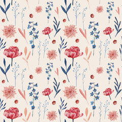 Fototapeta premium Floral set seamless pattern, peony, rose, red pink and blue and blue colors, drawn in watercolor, for your design, on a white and beige background