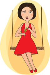 Cartoon style girl in a red dress on a wooden swing. Vector illustration	