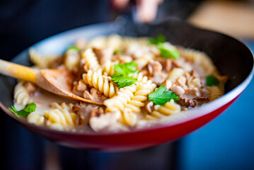 cooking tasty chicken fillet with mushroom in a creamy sauce with fusilli pasta in pan on kitchen