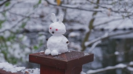 Rabbit Snow Sculpture Made by Kid in City Park