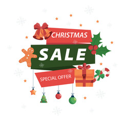 Green and red Christmas sale banner with special offer.