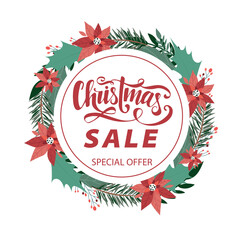 Christmas special offer. Sale banner with Christmas wreath made of fir branches, puancetti, pine, holly, mistletoe
