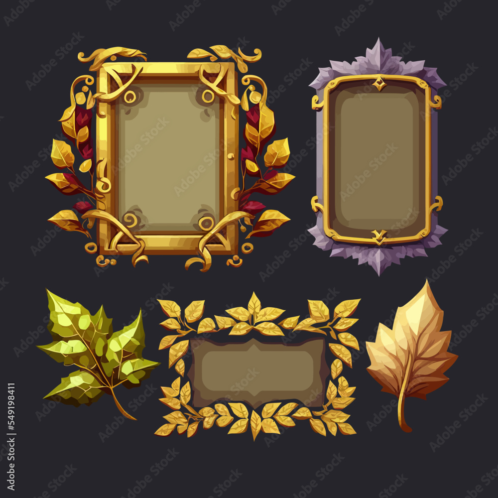 Poster empty rectangle, round frames border with leaves and gems in medieval style for game ui design. coll