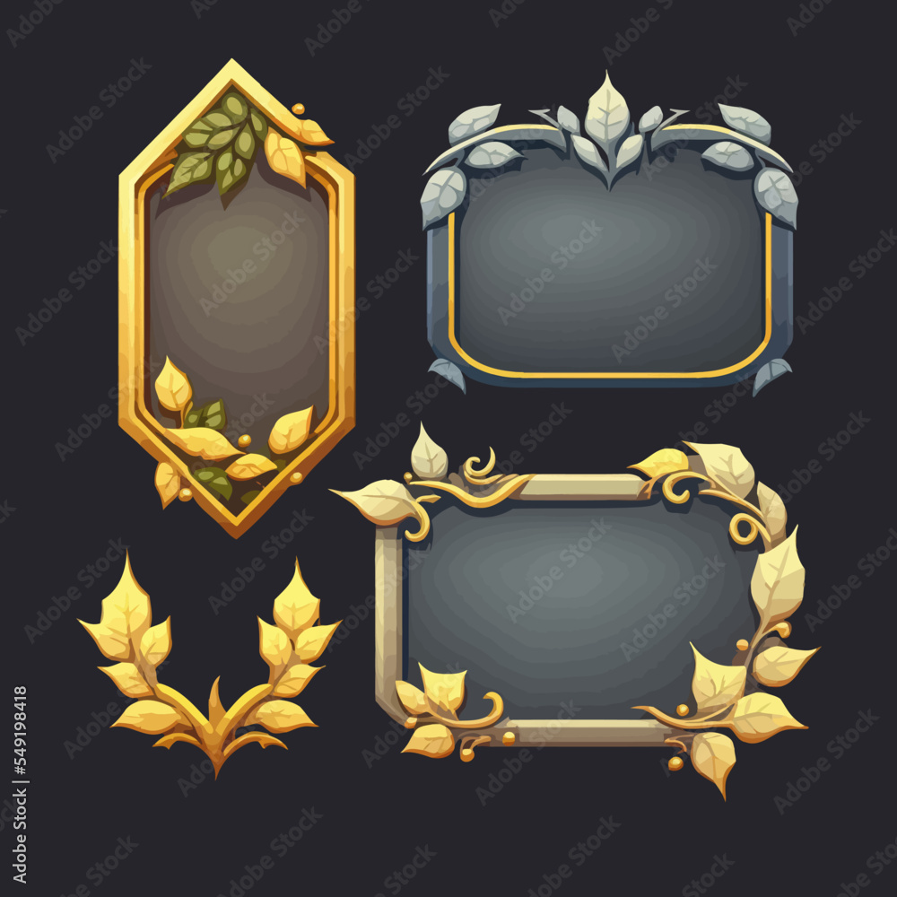 Poster empty rectangle, round frames border with leaves and gems in medieval style for game ui design. coll