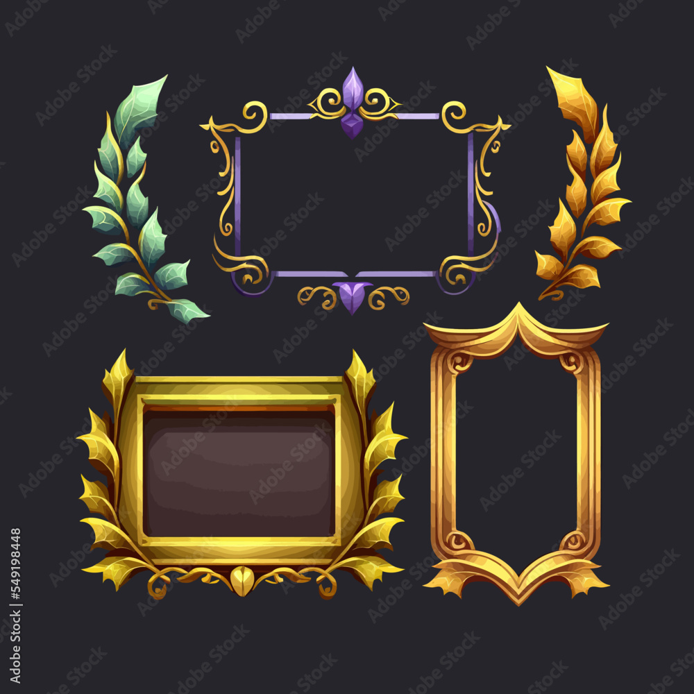 Poster empty rectangle, round frames border with leaves and gems in medieval style for game ui design. coll