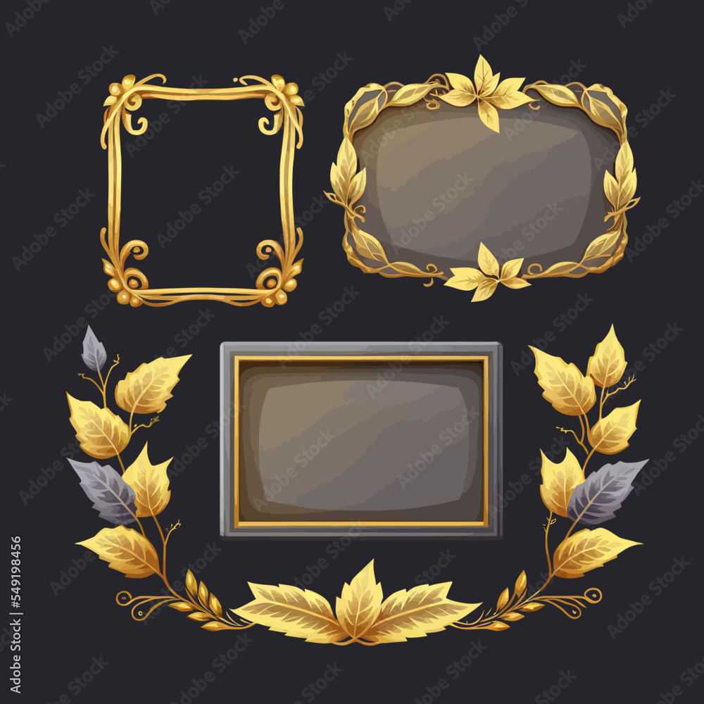 Aufkleber empty rectangle, round frames border with leaves and gems in medieval style for game ui design. coll