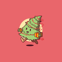 Cute tree character vector illustration. Holiday, nature, funny design concept.
