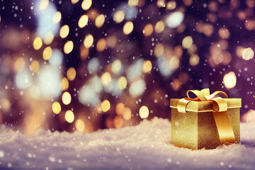 Golden Christmas gift box in a snowy festive winter forest, copy space, gold and glitter, gold ribbons and bows, magic bokeh lights, dreamy, magic atmosphere, New Year and Christmas concept