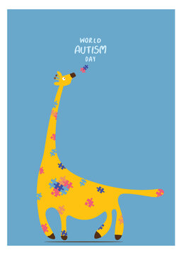 World Autism Day. Cartoon of giraffe  with rainbow jigsaw puzzle.The Autism dicease symbolic.