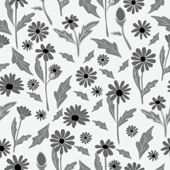 White daisy monochrome floral seamless pattern