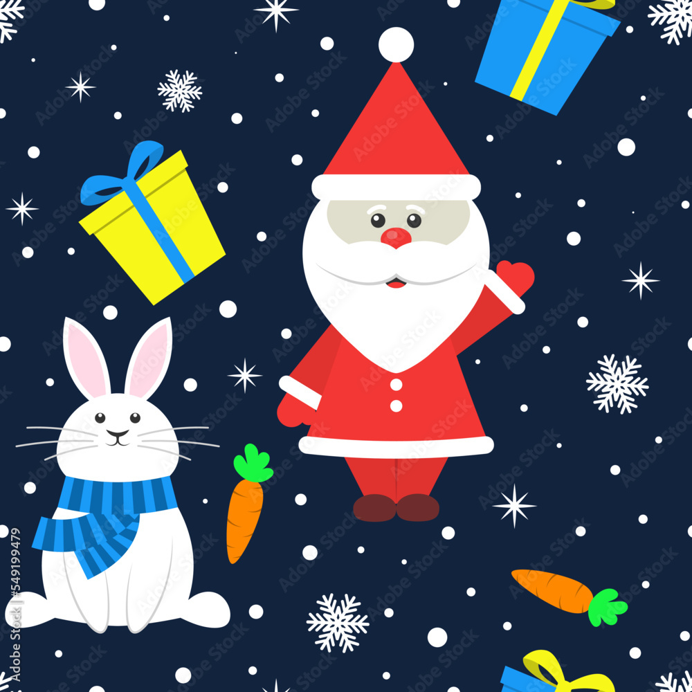 Poster christmas seamless pattern with santa claus and rabbit. new year design. vector background
