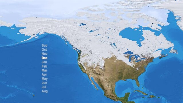 Time lapse of North America sea ice and snow cover from September to August. Climate change global warming concept animatio. Elements of this images furnished by NASA