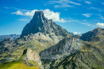 Scenic view of Pic du Midi d'Ossau rising above the Ossau Valley in the French Pyrenees