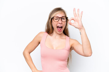 Young caucasian woman isolated on white background showing ok sign with fingers