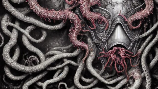 Generative AI animation of digital portraits of octopus zombies retro sci fi drawing. Digital image painting of monster with tentacles and gasmasks